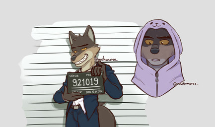anthro belt black_belt blue_bottomwear blue_clothing blue_pants blue_topwear bottomwear brown_body brown_fur chart cheek_tuft clothing facial_tuft fur grin head_tuft height_chart male male_anthro onesie pants purple_onesie shirt smile solo tan_body tan_fur topwear tuft white_clothing white_shirt white_topwear yellow_eyes mashumaroo dreamworks the_bad_guys mr._wolf_(the_bad_guys) canid canine canis mammal wolf 2021 absurd_res bust_portrait digital_media_(artwork) digital_painting_(artwork) hi_res painting_(artwork) portrait signature