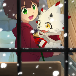 anthro bed bottomwear brown_hair claws clothing duo furniture green_eyes hair hoodie horn inside male on_bed on_lap open_mouth open_smile pants red_clothing red_hoodie red_topwear sitting sitting_on_bed sitting_on_lap smile snow snowing sweatpants tail topwear white_body window yellow_eyes hamu_ym bandai_namco digimon gammamon_(ghost_game) hiro_amanokawa digimon_(species) gammamon human mammal 1:1