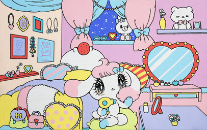 accessory alternative_fashion ambiguous_gender anthro backpack bangs bed bedroom big_eyes big_head bow_ribbon chibi detailed_background dryer eyelashes eyewear fairy_kei floppy_ears flower food fruit furniture glasses glistening glistening_eyes gloves_(marking) hair hair_accessory hair_bow hair_dryer hair_ribbon heart_symbol j-fashion kemono leg_markings markings mirror night nude on_model paws picture_frame pillow pink_hair plant plant_pot plushie potted_plant rabbit_ears ribbons scut_tail shelf short_tail sitting smile socks_(marking) solo strawberry superflat table tail teddy_bear white_body window yurie_sekiya peropero_sparkles cune_(peropero_sparkles) alien lagomorph leporid mammal rabbit absurd_res colorful_theme hi_res official_art pastel_theme traditional_media_(artwork)