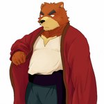 anthro black_nose bottomwear brown_body brown_fur clothing cosplay fur humanoid_hands kemono male pants shirt simple_background slightly_chubby solo topwear white_background fuboku morenatsu the_boy_and_the_beast juuichi_mikazuki kumatetsu bear mammal 1:1 2015