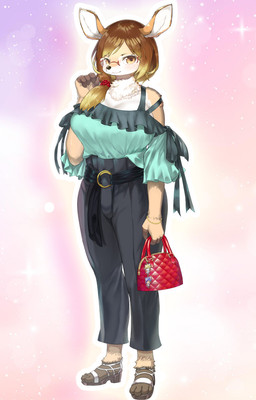 abstract_background anthro biped blonde_hair bottomwear brown_body brown_eyes brown_fur brown_hair clothed clothing countershading eyewear feet female footwear fur glasses hair humanoid_feet leg_markings markings multicolored_hair pants pink_background plantigrade purse shoes simple_background socks_(marking) solo tan_body tan_fur white_body white_countershading white_fur yoona two_beasts_or_not_to_beast deer mammal official_art