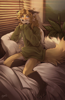 anthro aroused bed biped blonde_hair blue_eyes blush bulge clothed clothed_anthro clothed_male clothing erection front_view fur furniture hair happy hidden_erection inside kneeling looking_at_viewer male paws smile solo tail tail_motion tailwag teeth window yellow_body tatujapa edgar_vladilisitsa canid canine fox mammal 2026 digital_drawing_(artwork) digital_media_(artwork) hi_res