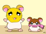 alternate_costume bedding blanket brown_body brown_fur chibi clothing_swap duo female feral fur green_eyes kemono logo pink_scarf scarf semi-anthro pichu90 hamtaro_(series) pashmina_(hamtaro) penelope_(hamtaro) cricetid hamster mammal rodent artist_logo