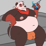 anthro areola balls_outline belly big_belly big_bulge big_chest biped bottomwear brown_body brown_fur bulge clothed clothing detailed_bulge drinking fingers fur genital_outline half-closed_eyes jockstrap looking_at_viewer male male_anthro moobs narrowed_eyes navel nipples obese obese_anthro obese_male overweight overweight_anthro overweight_male penis_outline red_scarf scarf seductive simple_background smile smug smug_face solo underwear white_body white_fur the_fat_doggu hartz_zuri bear giant_panda mammal ursine 1:1 digital_media_(artwork)