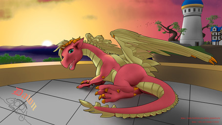 fantasy female feral scenery solo sunrise groovelizard mythology dragon mythological_creature mythological_scalie scalie 16:9 hi_res widescreen