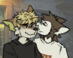 anthro black_clothing black_shirt black_topwear blonde_hair blush brown_body brown_fur brown_hair clothing dipstick_ears duo ear_markings ear_piercing eyes_closed facial_tuft fur hair head_tuft kissing kissing_cheek male male/male multicolored_ears one_eye_closed photo_background piercing shirt tan_body tan_fur topwear tuft white_body white_clothing white_fur white_shirt white_topwear maggotnizer canid canine canis domestic_dog mammal photography_(artwork)