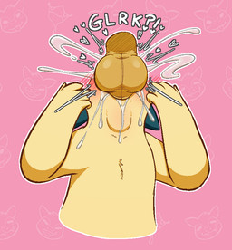 ambiguous_gender anthro balls blush bodily_fluids cum cum_on_body cum_splatter disembodied_penis duo emanata faceless_character faceless_male fellatio genital_fluids genitals heart_reaction humanoid_genitalia humanoid_penis male male/ambiguous male_penetrating neck_bulge onomatopoeia oral pattern_background penetration penile penis pink_background sex simple_background sound_effects surprised text thrusting yellow_balls gowiththephlo nintendo pokemon generation_2_pokemon pokemon_(species) typhlosion english_text