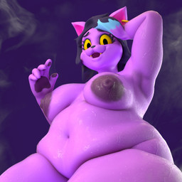5_fingers anthro areola belly big_areola black_eyes breasts ear_piercing ear_ring female fingers fur hand_pawpads navel nipples obese obese_anthro obese_female overweight overweight_anthro overweight_female piercing purple_body purple_fur ring_piercing smoke solo thick_thighs wet wet_body wet_fur yellow_sclera ficl undertale undertale_(series) catty_(undertale) domestic_cat felid feline felis mammal 1:1 2025 3d_(artwork) digital_media_(artwork) hi_res