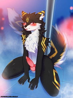 animal_genitalia animal_penis anthro black_body black_fur blurred_background blush bodily_fluids butt canine_genitalia canine_penis cheek_tuft chest_tuft claws erection facial_tuft fluffy fluffy_tail fur genital_fluids genitals inner_ear_fluff kneeling knot knotted_penis looking_at_viewer male markings nude on_ground penis pole precum smile smiling_at_viewer solo tail thick_thighs tongue tongue_out tuft white_body white_fur yellow_markings orcalx canid canine canis fox hybrid mammal wolf 2025 colored digital_drawing_(artwork) digital_media_(artwork) hi_res shaded