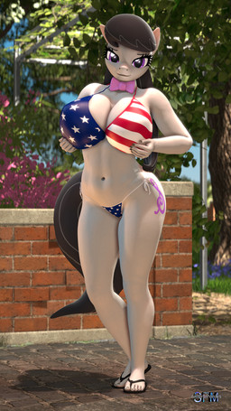 american_flag_bikini anthro anthrofied big_breasts bikini biped black_hair bow_tie breasts clothed clothing cutie_mark detailed_background eyelashes female flag_bikini flag_swimwear footwear grey_body hair hand_on_breast looking_at_viewer navel outside pupils purple_eyes sandals shoes side-tie_bikini smile solo standing string_bikini swimwear thick_thighs two-piece_swimsuit anthroponiessfm friendship_is_magic hasbro my_little_pony octavia_(mlp) equid equine mammal 3d_(artwork) 9:16 digital_media_(artwork) hi_res