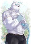 anthro barazoku blush bottomwear bulge clothing humanoid_hands kemono male nipples one_eye_closed pants shirt solo topwear white_body wink ortwin_rd knights_college paul_pfitzner bear mammal polar_bear ursine 2023 hi_res