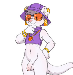 anthro bottomless clothed clothing ear_piercing ear_ring eyewear foreskin fur genitals glasses jewelry male navel necklace penis piercing ring_piercing simple_background solo wearing_glasses wearing_hat white_body white_fur taro_bubbletea mammal mustelid musteline hi_res