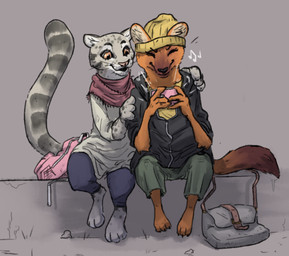 anthro backpack beanie cellphone clothed clothing digitigrade duo electronics female hat headgear headwear hoodie music open_mouth phone scarf sitting topwear whiskers nobby_(artist) canid canine dhole felid leopard mammal pantherine snow_leopard