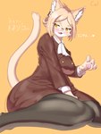 anthro big_breasts blonde_hair blush breasts business_attire claws clothing eyebrows eyewear female fluffy fur glasses hair heart_symbol inner_ear_fluff legwear office_lady open_mouth pantyhose pawpads solo tan_eyebrows text tuft yellow_body yellow_eyes yellow_fur coel_(artist) hitoner miss_tonerico domestic_cat felid feline felis mammal 3:4 absurd_res hi_res translated