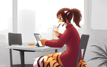 anthro beverage bottomless brown_hair butter clothed clothing countershading cute_fangs dairy_products drinking_straw earplugs electronics fangs female food fur green_eyes hair headphones orange_body orange_fur pancake plant ponytail sabertooth_(anatomy) simple_background solo striped_body striped_fur stripes sweater tablet_computer teeth topwear turtleneck red3engine apple_inc. ipad alex_marx felid mammal pantherine prehistoric_species saber-toothed_tiger tiger 16:10 2021 digital_media_(artwork) hi_res widescreen