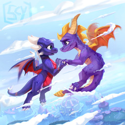 2_horns 3_toes arm_markings blade building canon_couple cloud countershading detailed_background digitigrade duo facial_markings feet female female_feral feral flying forehead_markings frill_(anatomy) green_eyes hand_holding head_crest head_frill head_markings hip_markings horn leg_markings long_snout long_tail male male_feral markings multicolored_body neck_scar orange_wings pronounced_browridge purple_body purple_scales quadruped red_wings romantic romantic_couple scales scar shoulder_markings sky snout tail tail_blade tail_scar tapering_tail toes two_tone_body weapon_tail wing_blade wings wrist_scar yellow_body yellow_countershading yellow_scales carina_scyrina activision european_mythology mythology spyro_reignited_trilogy spyro_the_dragon cynder spyro dragon mythological_creature mythological_scalie scalie western_dragon 2025 signature