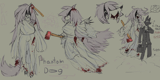 anthro axe blood blood_in_mouth bodily_fluids clothing duo female fur gore hair holding_object male melee_weapon text weapon lefemdoc homeless_dog the_suit_(ponporio) canid canine canis domestic_dog ghost mammal spirit digital_media_(artwork) english_text hi_res