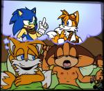 anthro blue_body blue_fur breasts clothed clothing duo female flashback fur male male/female nipples oh_exploitable thought_bubble toony topless amuzoreh sega sonic_boom sonic_the_hedgehog_(series) miles_prower sonic_the_hedgehog sticks_the_jungle_badger badger canid canine eulipotyphlan fox hedgehog mammal mustelid musteline 2015 lol_comments