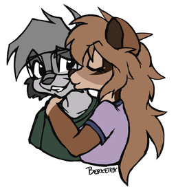 anthro brown_inner_ear brown_markings brown_nose cheek_tuft clothing facial_tuft female fur green_clothing green_shirt green_topwear grey_body grey_fur grey_hair grey_nose hair hug kiss_on_cheek kissing male male/female markings mole_(marking) mole_under_eye orange_body orange_fur orange_hair purple_clothing purple_shirt purple_topwear romantic romantic_couple shirt simple_background smile style_emulation topwear tuft white_background berketex emma_(berketex) richard_conrad canid canine dhole mammal procyonid raccoon hi_res sketch