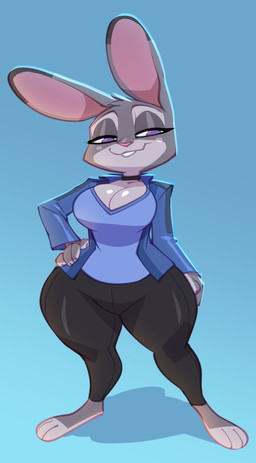 3_toes anthro big_breasts breasts choker cleavage clothed clothing curvy_figure feet female fingers hand_on_hip hand_on_own_hip jewelry leggings legwear long_ears narrowed_eyes necklace purple_eyes solo teeth thick_thighs toes voluptuous wide_hips bigdad disney zootopia judy_hopps european_rabbit lagomorph leporid mammal oryctolagus rabbit 2026