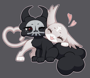 3_toes ^_^ ambiguous/ambiguous ambiguous_feral ambiguous_gender black_body black_ears black_eyes black_fur black_tail chest_tuft countershade_face countershade_fur countershading cross cute_fangs duo eyelashes eyes_closed face_squish facial_markings fangs feet feral feral_on_feral fluffy fluffy_tail forehead_markings fur gesture grey_background head_markings heart_symbol hearts_around_head leg_markings looking_at_another markings mask_(marking) monotone_tail multicolored_body multicolored_fur nuzzling open_:3 open_mouth open_smile pink_body pink_ears pink_fur pink_tail red_eyes side_view simple_background sitting smile socks_(marking) squish standing tail tail_gesture tail_heart teeth toes tuft two_tone_body two_tone_fur white_body white_countershading wistfern mewgenics marshmallow_(mewgenics) morana_(mewgenics) domestic_cat felid feline felis mammal 2026 absurd_res cel_shading colored digital_media_(artwork) full-length_portrait hi_res portrait shaded female_(lore)