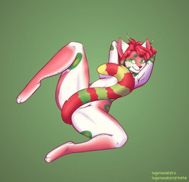 barely_visible_genitalia barely_visible_vulva female fur genitals gradient green_body green_eyes green_fur green_hair hair hands_behind_head looking_at_viewer lying on_back pink_body pink_fur red_body red_fur red_hair smile solo spots spread_legs spreading stripes vulva white_body white_fur domestic_cat felid feline felis mammal hi_res