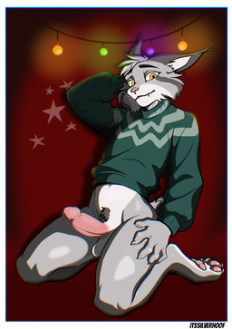 anthro balls bodily_fluids border bottomless bottomless_male claws clothed clothing erection fur genital_fluids genitals glans grey_body grey_fur hand_on_hip humanoid_genitalia humanoid_penis looking_at_viewer male markings multicolored_body multicolored_fur pawpads paws penis precum pubes short_tail simple_background solo sweater sweater_only tail tail_markings topwear topwear_only tuft whiskers white_border white_inner_ear yellow_eyes itssilverhoof disney zootopia pawbert_lynxley canada_lynx felid feline lynx mammal hi_res