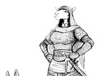 2024 anthro armor black_and_white camel camel_mamluk_(hladilnik) camelid duo female glare hands_on_hips hi_res hladilnik looking_down mammal melee_weapon monochrome sheathed_sword sheathed_weapon solo_focus sword weapon