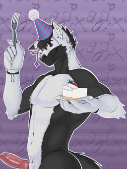 animal_genitalia animal_penis anthro birthday black_body cake canine_genitalia canine_penis cheesecake dessert food genitals male male/male penis solo white_body zaykowo canid canine canis domestic_dog husky mammal nordic_sled_dog spitz jack_(disambiguation) hi_res
