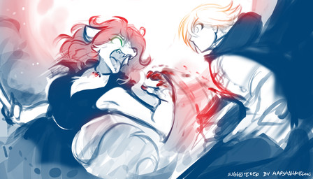 angry anthro attack biped blood bodily_fluids bottomwear breasts chest_tuft clawing claws cleavage clothed clothed_anthro clothed_female clothed_human clothed_male clothing dress duo empty_eyes female fight fingers fully_clothed fully_clothed_anthro fully_clothed_female fully_clothed_human fully_clothed_male fur glowing glowing_eyes green_eyes hair holding_melee_weapon holding_object holding_sword holding_weapon hooded_cloak jewelry male melee_weapon necklace open_mouth red_hair sharp_teeth sword teeth tongue topwear tuft weapon wide_eyed wounded conditional_dnp tom_fischbach twokinds brahn roselyn_(twokinds) canid canine canis human keidran mammal vampire wolf 2025 7:4 digital_drawing_(artwork) digital_media_(artwork) hi_res monochrome sketch spot_color
