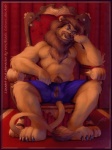 anthro barazoku biceps biped blue_eyes bottomwear brown_body brown_fur brown_hair bulge chair claws clothed clothing fur furniture hair looking_at_viewer male mane muscular muscular_anthro muscular_male pecs pose pubes shorts sitting solo tail throne toe_claws topless dasaod wolfblade felid lion mammal pantherine