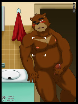 balls bathroom biceps blush bodily_fluids camera_view erection genital_fluids genitals humanoid_genitalia humanoid_penis male masturbation muscular muscular_male nude penile penile_masturbation penis precum recording solo satosan morenatsu juuichi_mikazuki bear black_bear mammal moon_bear ursine hi_res