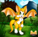 anthro biped cloud detailed_background female fur grass green_eyes leaf looking_at_viewer membrane_(anatomy) membranous_wings mountain nude orange_body orange_fur plant sky smile solo standing teeth tongue tree wings onzeno dust:_an_elysian_tail fidget_(elysian_tail) bat mammal nimbat watermark