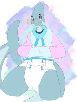 abstract_background ageplay anthro bandage bandage_on_face bandage_on_nose blue_body blue_clothing blue_eyes blue_hoodie blue_topwear closed_smile clothed clothing diaper fangs front_view glistening glistening_eyes hand_in_pocket hoodie infantilism looking_at_viewer male male_anthro mouth_closed pink_clothing pink_hoodie pink_topwear pockets roleplay smile solo teeth topwear wearing_diaper white_diaper hardscales aquatic fish shark hi_res