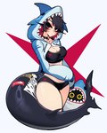 animal_hood big_breasts black_bra black_choker black_clothing black_hair black_jewelry black_necklace black_panties black_underwear blue_clothing blue_hoodie blue_topwear bra breasts choker cleavage clothed clothing duo female fish_tail hair hood_up hoodie jewelry long_sleeves looking_at_viewer machine necklace panties red_eyes shark_hoodie shark_tail short_hair simple_background sports_bra topwear underwear sachiko2s mihoyo zenless_zone_zero ellen_joe_(zzz) sharkboo animal_humanoid bangboo fish fish_humanoid humanoid marine marine_humanoid robot shark_humanoid digital_drawing_(artwork) digital_media_(artwork) hi_res