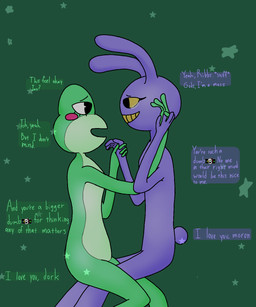 anthro bodily_fluids caine_censorship censor_bar censored_speech censored_text countershade_face countershade_torso countershading cuddling dialogue duo eye_contact eyeliner female female/female grawlixes green_background green_body green_countershading hand_holding i_love_you lights looking_at_another love lying makeup male male/female nude nude_anthro purple_body simple_background smile tail tears text yellow_sclera crane_(artist) glitch_productions the_amazing_digital_circus jax_(tadc) ribbit_(tadc) amphibian frog humanoid lagomorph leporid mammal rabbit 5:6 english_text hi_res trans_(lore) trans_woman_(lore)