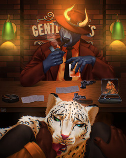 anthro black_body black_fur black_necktie black_nose black_spots blonde_hair blue_body blue_eyes brown_clothing brown_suit brown_suit_jacket card cigar claws clothing collared_shirt dress_shirt fedora female first_person_view fur furgonomic_hat furgonomic_headwear furgonomics furniture glistening glistening_body green_eyes group gun hair hand_lick hat headgear headwear heterochromia lighting_cigar looking_at_viewer male male/female necktie pink_nose ranged_weapon shirt short_hair sitting spots suit table teeth topwear trio under_table weapon whisker_spots white_body white_fur yellow_dress_shirt guyinvintageclothes bovid bovine cattle equid equine felid horse mammal pantherine snow_leopard 2025 hi_res signature