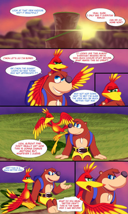 backpack belt black_nose blue_eyes brown_body brown_fur cloud dialogue duo eyelashes feathers female fur gesture green_eyes head_tuft jewelry looking_up male mountain necklace outside red_body red_feathers sitting sky smile sun sunset teeth text tuft skelly_doll banjo-kazooie rareware banjo_(banjo-kazooie) kazooie avian bear breegull mammal 2020 comic english_text hi_res