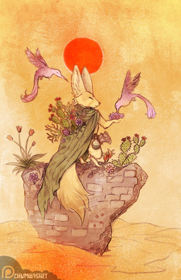 ambiguous_anthro ambiguous_feral ambiguous_gender anthro cactus cape clothing desert eyes_closed feral flying fur green_cape green_clothing group mouth_closed plant standing sun tan_body tan_fur text trio chumbasket avian canid canine fennec_fox fox mammal true_fox artist_name hi_res