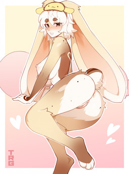 anthro areola biped blush breasts butt countershade_torso countershading feet female fingers fur genitals hair looking_at_viewer nipples nude nude_anthro nude_female simple_background smile solo tail teeth toes vulva thericegoat lagomorph leporid mammal rabbit hi_res