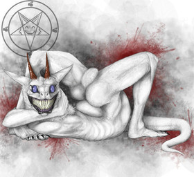 ambiguous_gender anthro anus barely_visible_anus blood blue_eyes bodily_fluids creepy flexible fur grin horn nightmare_fuel nude nullo occult_symbol pentacle pentagram sharp_teeth smile solo symbol tail teeth white_body white_fur chimera_synx monster synx