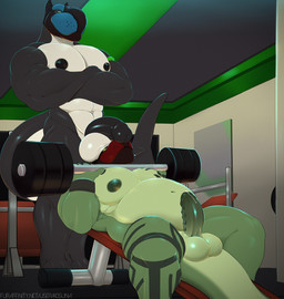 animal_mask anthro anthro_on_anthro balls balls_on_face barbell bench_press big_balls duo erection exercise genitals male male/male mask musclegut muscular muscular_male nipples overweight overweight_male pecs penis pup_mask slightly_chubby tail tea_bagging text these_aren't_my_glasses weight_bench weightlifting workout k0suna chapu york_(yerkelayh) aquatic cetacean dolphin lizard mammal oceanic_dolphin orca reptile scalie toothed_whale hi_res meme url