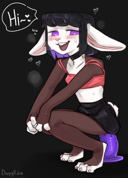 3_toes adolescent anthro bangs black_hair blush bodily_fluids bottomwear clothing dialogue digitigrade dildo feet female hair heart_symbol looking_at_viewer midriff purple_eyes sex_toy skirt smile speech_bubble sweat text three-quarter_view toes topwear young derpyrider derpy_(derpyrider) lagomorph leporid mammal rabbit artist_name digital_media_(artwork) digital_painting_(artwork) english_text full-length_portrait handwritten_text hi_res painting_(artwork) portrait shaded simple_shading