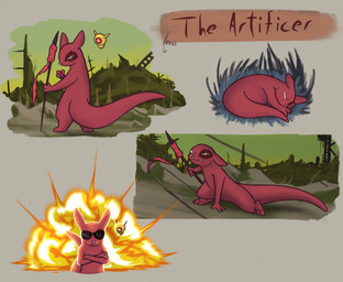 3_fingers 3_toes battle bomb burn_scar cool_guys_don't_look_at_explosions explosion explosives eye_scar eyewear facial_scar feet female feral fighting_pose fingers holding_object holding_weapon machine melee_weapon no_pupils polearm pose red_body scar semi-anthro simple_background sleeping snarling solo spear standing sunglasses tail teeth thick_tail toes weapon white_eyes white_nose ardeo rain_world videocult artificer_(rain_world) robot slugcat 2023 digital_media_(artwork) hi_res multiple_images shaded