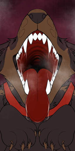 ambiguous_gender bodily_fluids brown_body brown_claws brown_fur brown_nose claws collar fangs feral front_view fur mouth_shot open_mouth red_collar red_tongue saliva simple_background solo teeth tongue tongue_out unknown_artist canid canine canis mammal wolf absurd_res digital_drawing_(artwork) digital_media_(artwork) hi_res