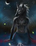 anthro areola biped black_nose breasts clothed clothing female fur green_eyes grey_body grey_fur jewelry moon navel necklace night nipples outside sitting sky solo star starry_sky topless safiru ambient_arthropod ambient_firefly ambient_insect arthropod beetle canid canine canis elateroid firefly insect mammal wolf 2017 digital_media_(artwork)