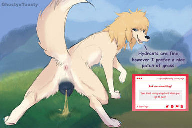 anatomically_correct anatomically_correct_genitalia anatomically_correct_vulva animal_genitalia animal_vulva anus bathroom blonde_hair blue_eyes bodily_fluids butt crouching dialogue female feral fluffy fluffy_tail fur genital_fluids genitals hair makeup outside peeing peeing_outside solo tail text urine vulva watersports yellow_body yellow_fur ghostyxtoasty roslyne_(ghostyxtoasty) canid canine canis domestic_dog mammal poodle 3:2 absurd_res english_text hi_res