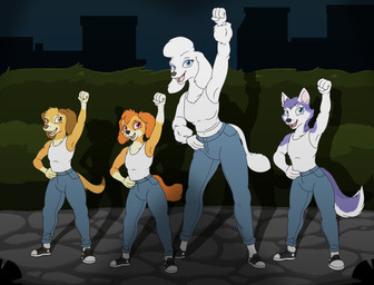 amber_eyes anthro black_clothing black_footwear black_shoes blue_bottomwear blue_clothing blue_eyes blue_pants bottomwear city city_background clothed clothed_anthro clothed_female clothing female fist footwear fur group hands_on_hips looking_away multicolored_body multicolored_fur multicolored_skin night open_mouth pants pink_eyes raised_fist raised_hand shadow shirt shoes topwear two_tone_body two_tone_fur two_tone_skin white_clothing white_shirt white_topwear yipthecoyotepup nickelodeon paw_patrol delores_(paw_patrol) everest_(paw_patrol) liberty_(paw_patrol) skye_(paw_patrol) bird_dog canid canine canis cocker_spaniel dachshund domestic_dog hunting_dog husky mammal nordic_sled_dog poodle spaniel spitz absurd_res hi_res