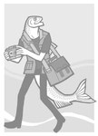 anthro bag bottomwear clothing footwear holding_object jacket male pants plantigrade pocket_camera shoes solo topwear snarkysardine fish herring marine pacific_herring 2019 full-length_portrait hi_res monochrome portrait