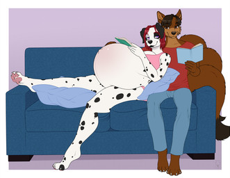 3_tails 4_toes 5_fingers anthro arm_over_shoulder belly belly_blush big_belly black_hair black_lips black_markings black_nose black_spots black_tail_tip blue_bottomwear blue_clothing blue_pants blue_pillow blue_sofa blush body_blush book border bottomwear bra brown_body brown_fur brown_tail cheek_tuft claws closed_smile clothed clothed_anthro clothed_female clothed_male clothing dipstick_tail duo eyebrow_through_hair eyebrows eyelashes facial_tuft feet female female_anthro fingers floppy_ears fully_clothed fully_clothed_anthro fully_clothed_female fully_clothed_male fur fur_markings furniture hair half-closed_eyes holding_book holding_object huge_belly light lips logo long_tail looking_at_another looking_at_partner lying lying_on_another male male/female male_anthro markings medium_hair mouth_closed multi_tail multicolored_body multicolored_fur narrowed_eyes navel on_back on_sofa open_book orange_eyes outie_navel panties pants pawpads paws pillow pink_bra pink_clothing pink_panties pink_pawpads pink_underwear pregnant pregnant_anthro pregnant_female purple_background purple_eyes red_eyebrows red_hair romantic romantic_ambiance short_hair simple_background sitting sitting_on_sofa smile smiling_at_another smiling_at_partner sofa spots spotted_body spotted_fur tail tail_markings thick_thighs toe_claws toes translucent translucent_hair tuft two_tone_body two_tone_fur underwear white_body white_border white_claws white_fur milk-jug edwin_flores sammie_(edwinflores428) canid canine canis dalmatian domestic_dog mammal wolf 2024 artist_logo colored digital_drawing_(artwork) digital_media_(artwork) english_description lighting shaded